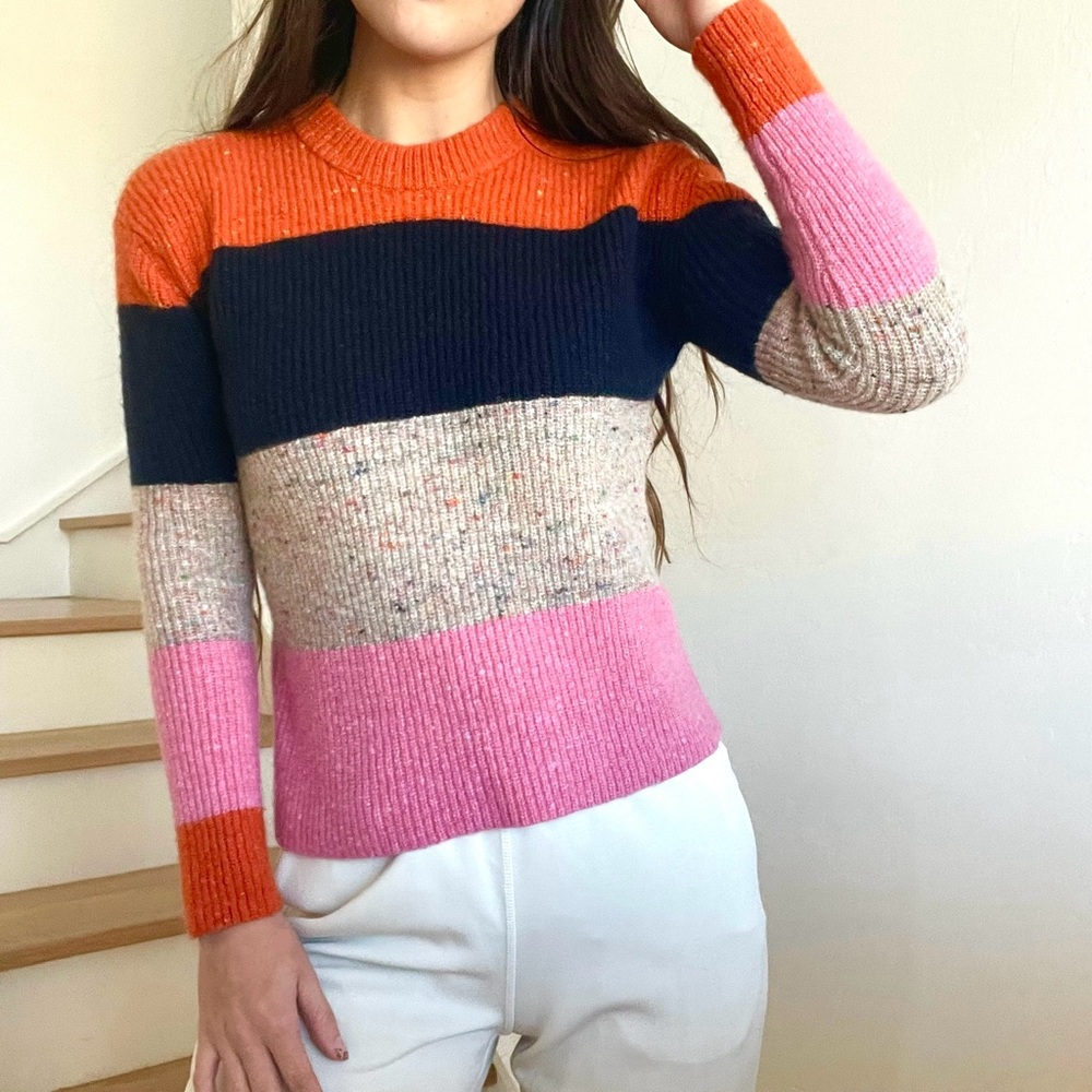 A.L.C. Georgina Lambswool Cashmere Striped Colorblock Crew Neck Orange Sweater